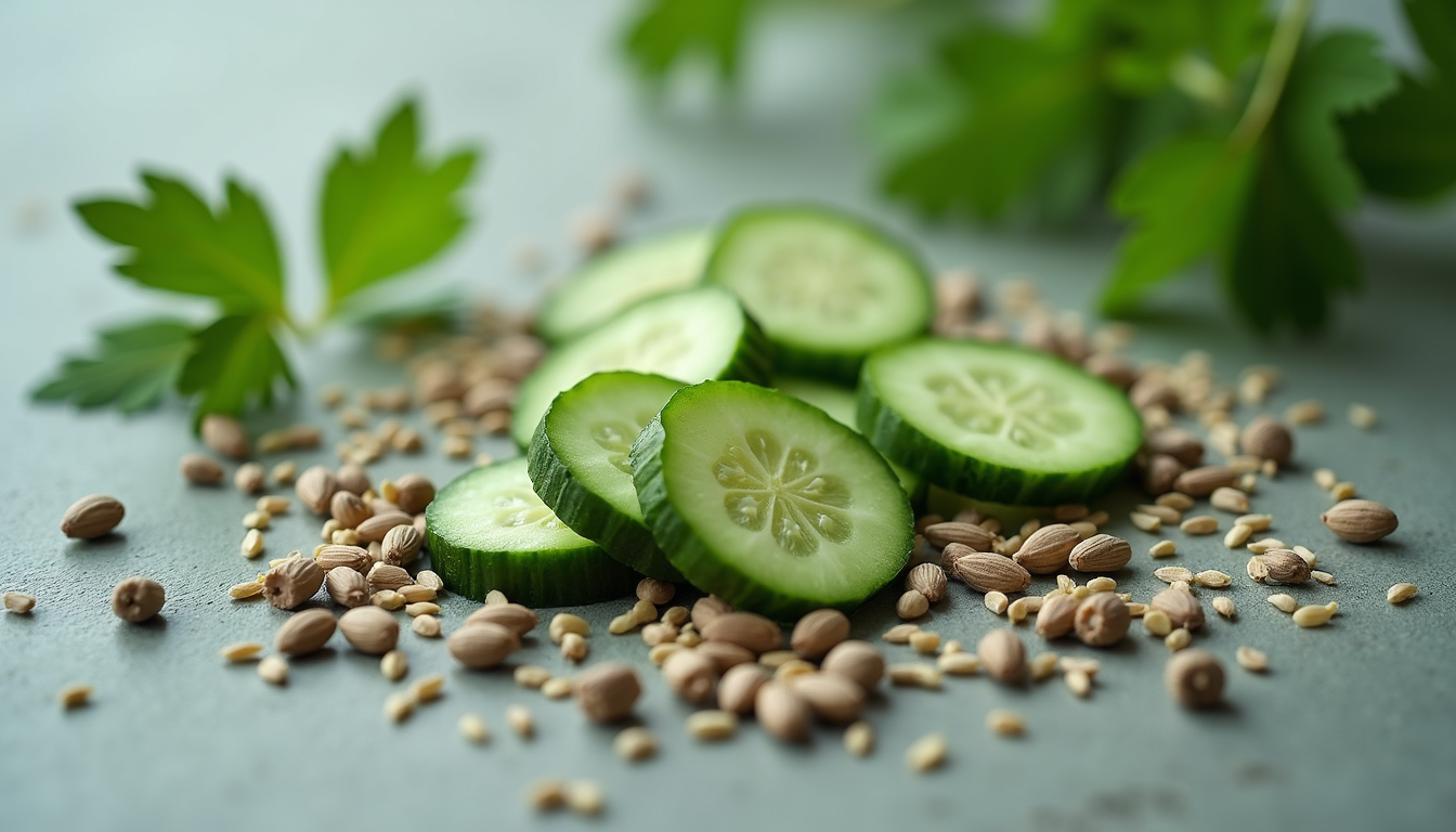 Eye-level view of fresh botanicals including juniper berries, coriander seeds, and cucumber slices